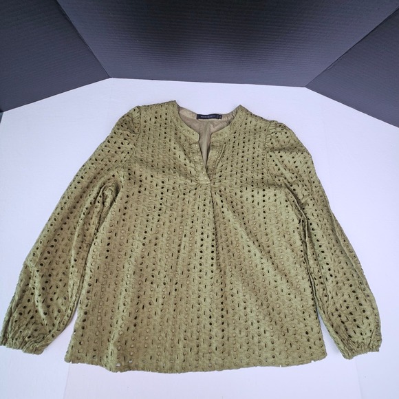 Merokeety Tops - Merokeety Women Olive Green Eyelet Embroidered Split Neck Long Sleeve Blouse L